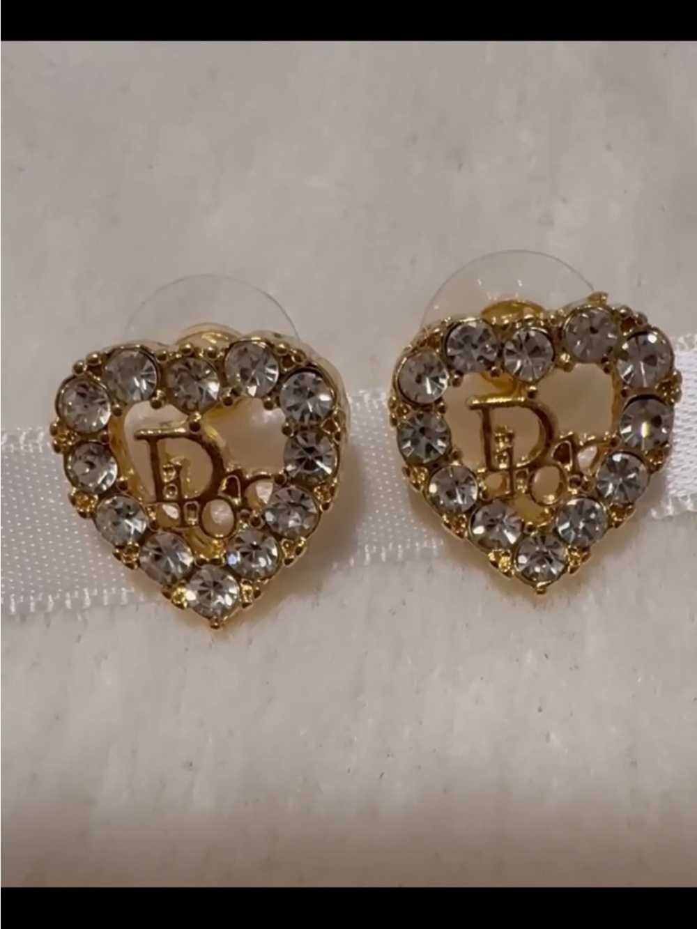 New, Gold Heart Crystal Stud Earrings with Logo Accent - Women Jewelry